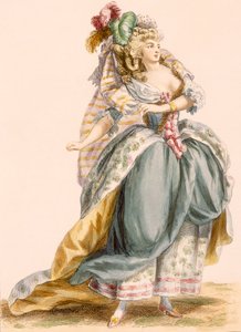 Strój damski na podstawie opery „La Trevesti”, ryty przez Bacquoy, z „Galeries des Modes et Costumes Francais”, ok. 1778-87